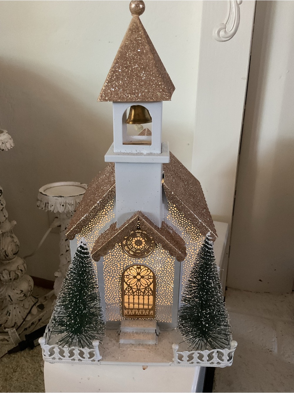 Glittered White Holiday Church Décor with Gold Roof